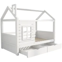 Generique Lit enfant 90x200 cm - Lit Cabane avec Barrières et Fenêtre, Bois Massif - Sommier À Lattes - Sans Matelas - Blanc Online