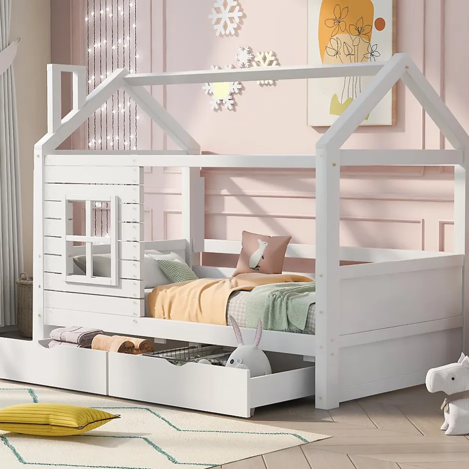 Generique Lit enfant 90x200 cm - Lit Cabane avec Barrières et Fenêtre, Bois Massif - Sommier À Lattes - Sans Matelas - Blanc Online