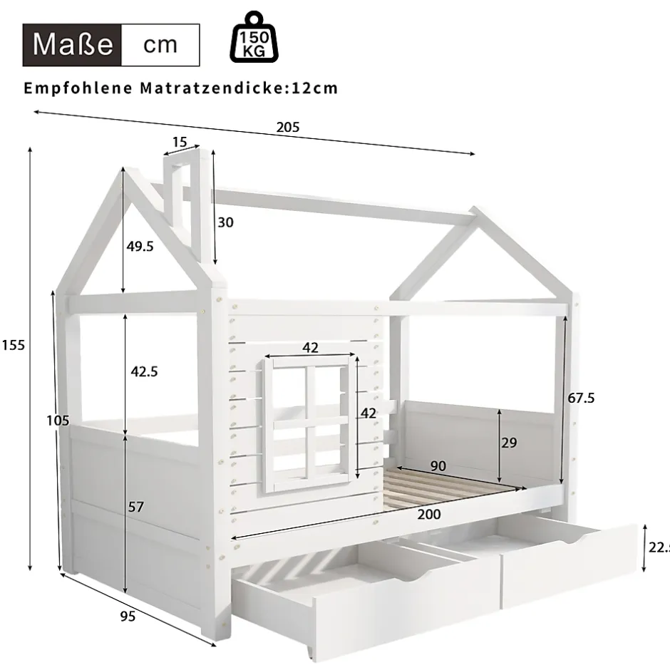 Generique Lit enfant 90x200 cm - Lit Cabane avec Barrières et Fenêtre, Bois Massif - Sommier À Lattes - Sans Matelas - Blanc Online