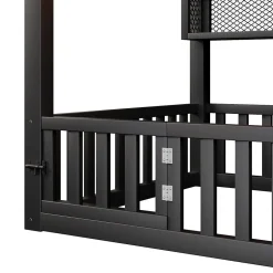 Okwish Lit Enfant 90x200 cm - Lit Cabane avec LED et Barrières, sans Matelas - Cadre Métal Noir