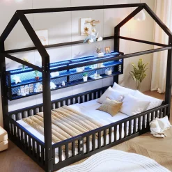 Okwish Lit Enfant 90x200 cm - Lit Cabane avec LED et Barrières, sans Matelas - Cadre Métal Noir