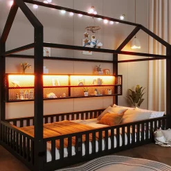 Okwish Lit Enfant 90x200 cm - Lit Cabane avec LED et Barrières, sans Matelas - Cadre Métal Noir