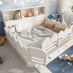 Okwish Lit Enfant 140x200 cm - Lit Double avec Barrières de Sécurité, Porte d'Accès et Étagères Intégrées, en Bois - sans Matelas - Blanc