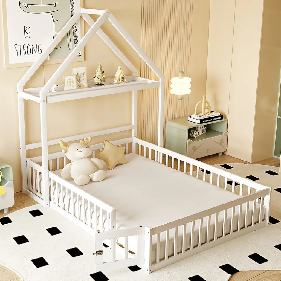 Enfant Okwish Lit enfant 140x200 cm - Lit Double Cabane avec Grille et Porte, Cadre en Bois Massif, Sans Matelas - Blanc