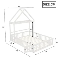 Enfant Okwish Lit enfant 140x200 cm - Lit Double Cabane avec Grille et Porte, Cadre en Bois Massif, Sans Matelas - Blanc