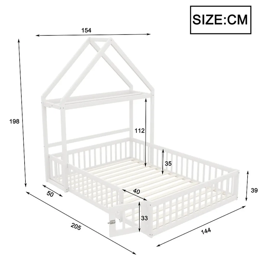 Enfant Okwish Lit enfant 140x200 cm - Lit Double Cabane avec Grille et Porte, Cadre en Bois Massif, Sans Matelas - Blanc