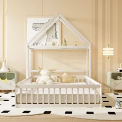 Enfant Okwish Lit enfant 140x200 cm - Lit Double Cabane avec Grille et Porte, Cadre en Bois Massif, Sans Matelas - Blanc