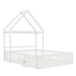 Enfant Okwish Lit enfant 140x200 cm - Lit Double Cabane avec Grille et Porte, Cadre en Bois Massif, Sans Matelas - Blanc