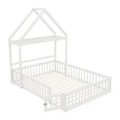 Enfant Okwish Lit enfant 140x200 cm - Lit Double Cabane avec Grille et Porte, Cadre en Bois Massif, Sans Matelas - Blanc