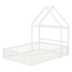 Enfant Okwish Lit enfant 140x200 cm - Lit Double Cabane avec Grille et Porte, Cadre en Bois Massif, Sans Matelas - Blanc