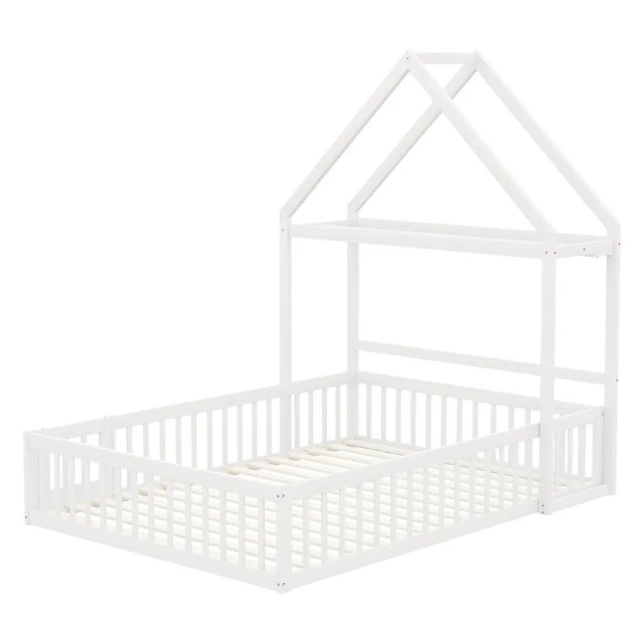 Enfant Okwish Lit enfant 140x200 cm - Lit Double Cabane avec Grille et Porte, Cadre en Bois Massif, Sans Matelas - Blanc