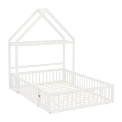 Enfant Okwish Lit enfant 140x200 cm - Lit Double Cabane avec Grille et Porte, Cadre en Bois Massif, Sans Matelas - Blanc