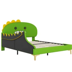 Okwish Lit enfant 140x200 cm - Lit Double Dinosaure avec Tête de Lit Décorative - PU et MDF - Vert - Sans Matelas New
