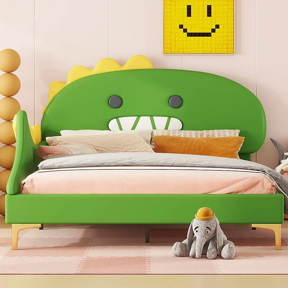 Okwish Lit enfant 140x200 cm - Lit Double Dinosaure avec Tête de Lit Décorative - PU et MDF - Vert - Sans Matelas New