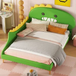 Okwish Lit enfant 140x200 cm - Lit Double Dinosaure avec Tête de Lit Décorative - PU et MDF - Vert - Sans Matelas New