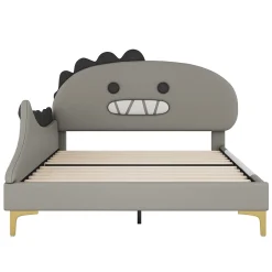 Okwish Lit enfant 140x200 cm - Lit Double Dinosaure avec Tête de Lit Décorative - PU et MDF - Gris - Sans Matelas Best