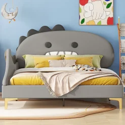 Okwish Lit enfant 140x200 cm - Lit Double Dinosaure avec Tête de Lit Décorative - PU et MDF - Gris - Sans Matelas Best