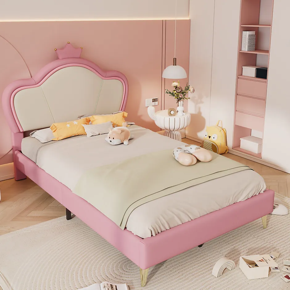 Enfant Okwish Lit enfant 90x200 cm - Lit Princesse Capitonné avec Tête Couronne, PU Rembourré, Sans Matelas - Rose et Blanc