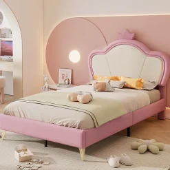 Enfant Okwish Lit enfant 90x200 cm - Lit Princesse Capitonné avec Tête Couronne, PU Rembourré, Sans Matelas - Rose et Blanc