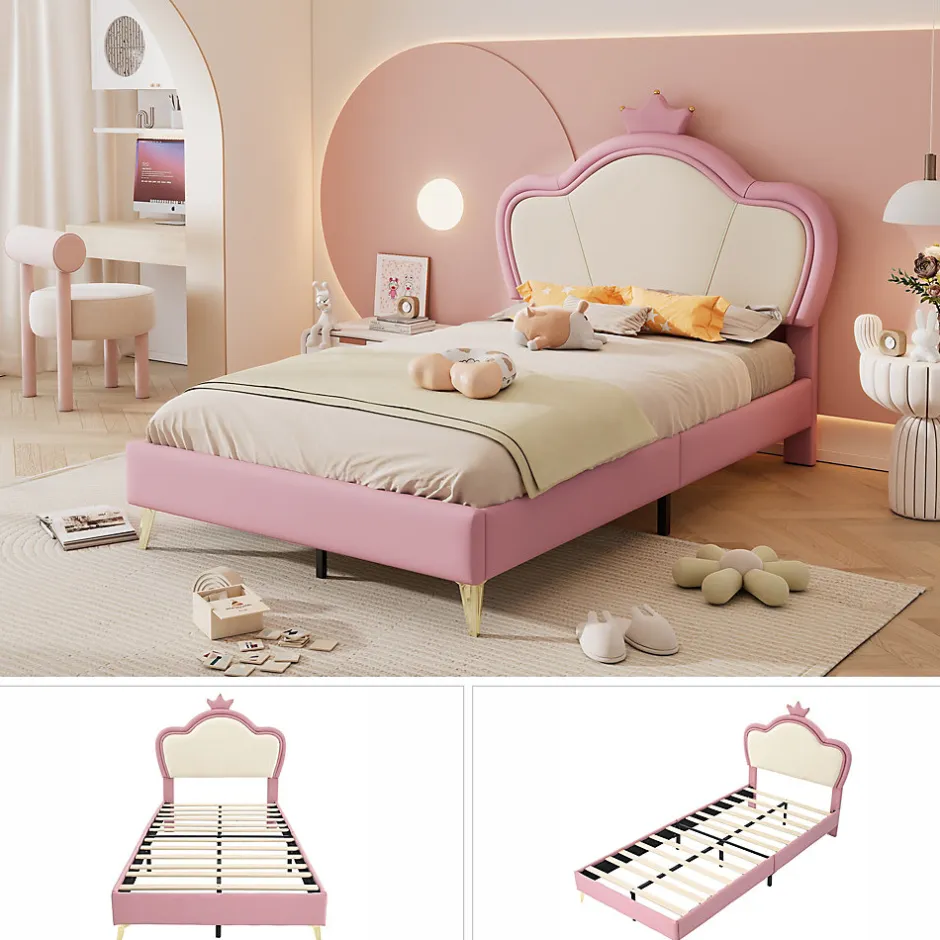 Enfant Okwish Lit enfant 90x200 cm - Lit Princesse Capitonné avec Tête Couronne, PU Rembourré, Sans Matelas - Rose et Blanc