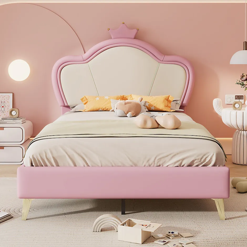 Enfant Okwish Lit enfant 90x200 cm - Lit Princesse Capitonné avec Tête Couronne, PU Rembourré, Sans Matelas - Rose et Blanc