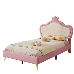 Enfant Okwish Lit enfant 90x200 cm - Lit Princesse Capitonné avec Tête Couronne, PU Rembourré, Sans Matelas - Rose et Blanc