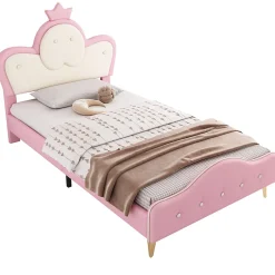 Okwish Lit enfant 90x200 cm - Lit Princesse Simple avec Bande LED Intégrée, Capitonné et Rembourré en PU, Rose et Blanc, Sans Matelas