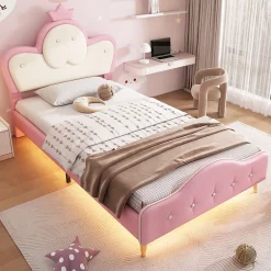 Okwish Lit enfant 90x200 cm - Lit Princesse Simple avec Bande LED Intégrée, Capitonné et Rembourré en PU, Rose et Blanc, Sans Matelas