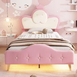 Okwish Lit enfant 90x200 cm - Lit Princesse Simple avec Bande LED Intégrée, Capitonné et Rembourré en PU, Rose et Blanc, Sans Matelas