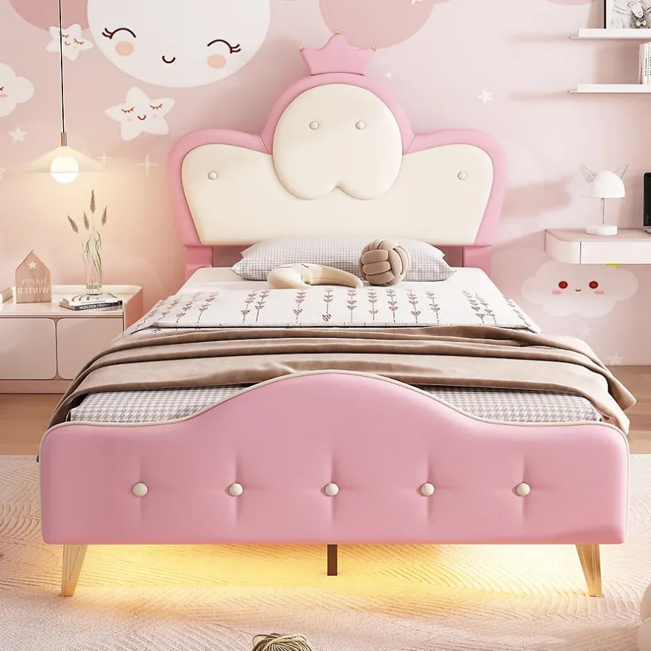 Okwish Lit enfant 90x200 cm - Lit Princesse Simple avec Bande LED Intégrée, Capitonné et Rembourré en PU, Rose et Blanc, Sans Matelas
