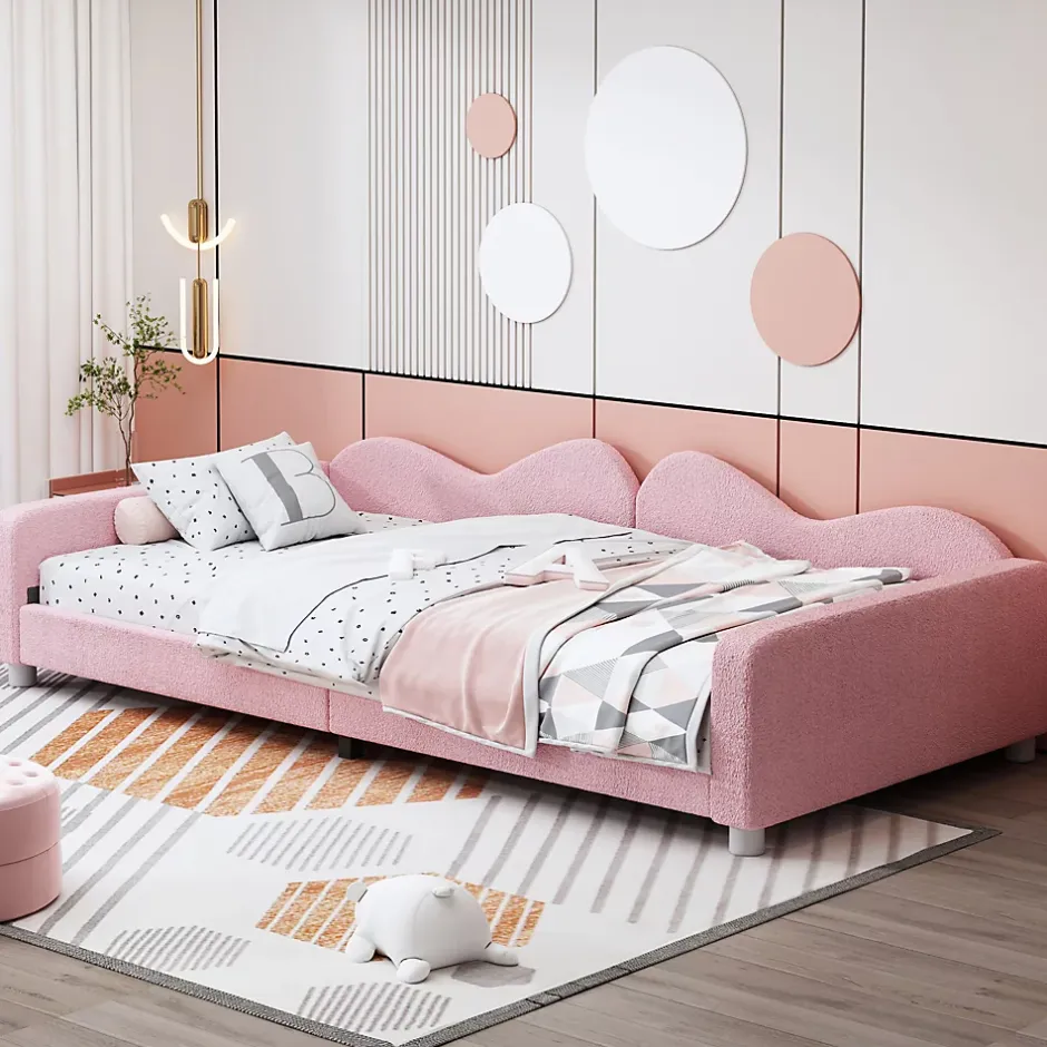 Okwish Lit enfant 90x200 cm - Lit rembourré avec cadre canapé-lit en peluche doux - MDF + Velours + Métal - Sans matelas - Rose Online