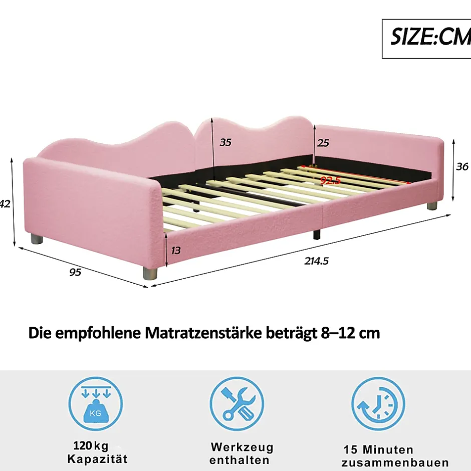 Okwish Lit enfant 90x200 cm - Lit rembourré avec cadre canapé-lit en peluche doux - MDF + Velours + Métal - Sans matelas - Rose Online