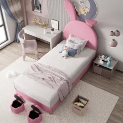 Enfant Okwish Lit enfant 90x200 cm - Lit simple capitonné jeunesse avec 2 tabourets de rangement et éclairage LED - Velours - Rose