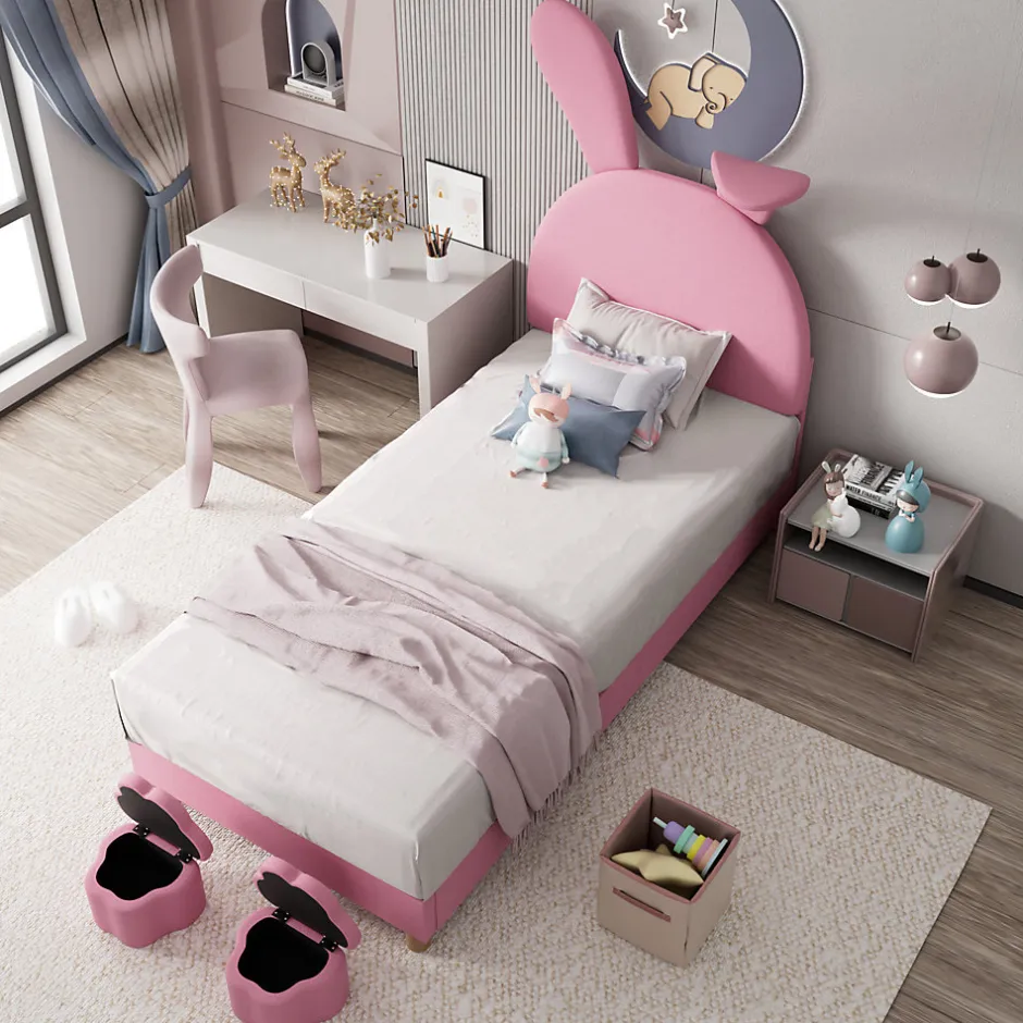 Enfant Okwish Lit enfant 90x200 cm - Lit simple capitonné jeunesse avec 2 tabourets de rangement et éclairage LED - Velours - Rose