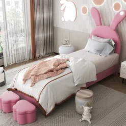 Enfant Okwish Lit enfant 90x200 cm - Lit simple capitonné jeunesse avec 2 tabourets de rangement et éclairage LED - Velours - Rose