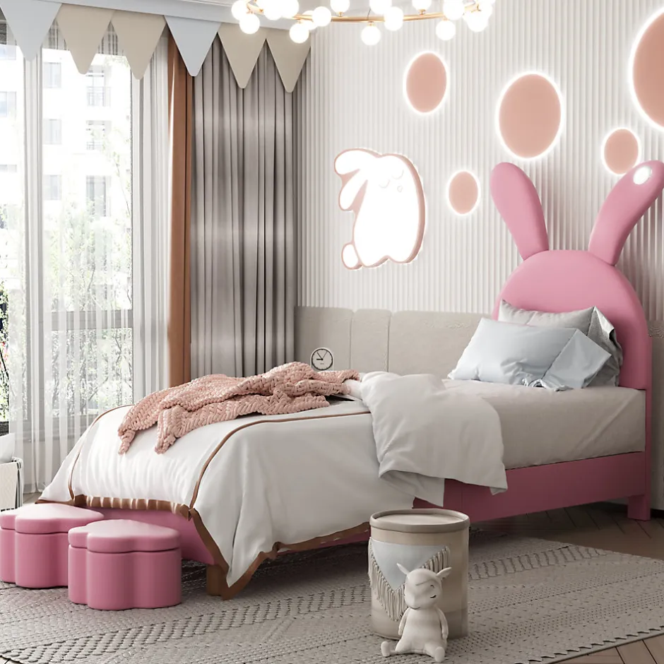 Enfant Okwish Lit enfant 90x200 cm - Lit simple capitonné jeunesse avec 2 tabourets de rangement et éclairage LED - Velours - Rose