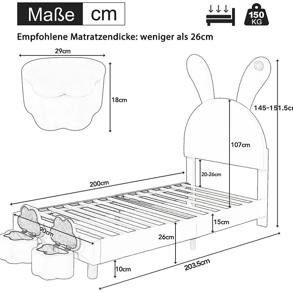 Enfant Okwish Lit enfant 90x200 cm - Lit simple capitonné jeunesse avec 2 tabourets de rangement et éclairage LED - Velours - Rose