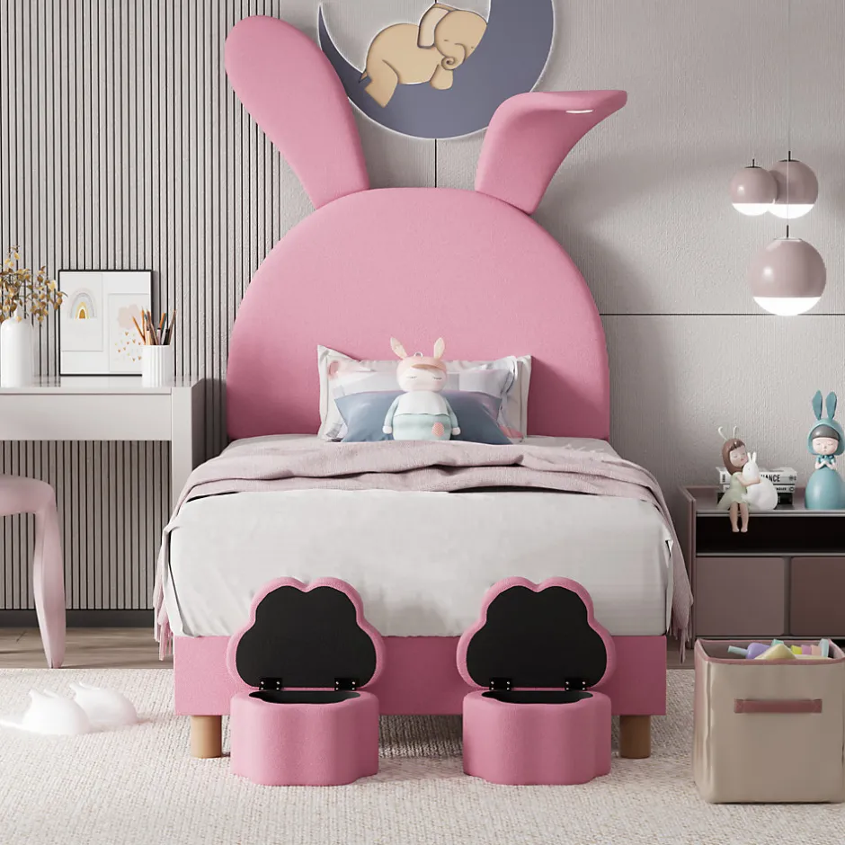 Enfant Okwish Lit enfant 90x200 cm - Lit simple capitonné jeunesse avec 2 tabourets de rangement et éclairage LED - Velours - Rose