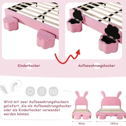 Enfant Okwish Lit enfant 90x200 cm - Lit simple capitonné jeunesse avec 2 tabourets de rangement et éclairage LED - Velours - Rose
