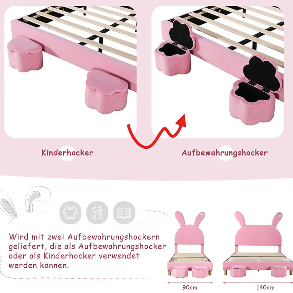 Enfant Okwish Lit enfant 90x200 cm - Lit simple capitonné jeunesse avec 2 tabourets de rangement et éclairage LED - Velours - Rose