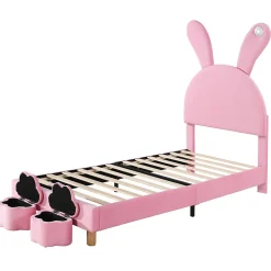 Enfant Okwish Lit enfant 90x200 cm - Lit simple capitonné jeunesse avec 2 tabourets de rangement et éclairage LED - Velours - Rose