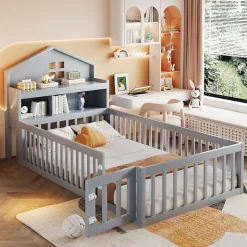 Enfant Okwish Lit enfant 90x200 cm - Lit simple avec rangement et cadre maison en bois massif avec protection contre chute - Sans matelas - Gris