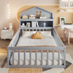 Enfant Okwish Lit enfant 90x200 cm - Lit simple avec rangement et cadre maison en bois massif avec protection contre chute - Sans matelas - Gris