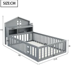 Enfant Okwish Lit enfant 90x200 cm - Lit simple avec rangement et cadre maison en bois massif avec protection contre chute - Sans matelas - Gris