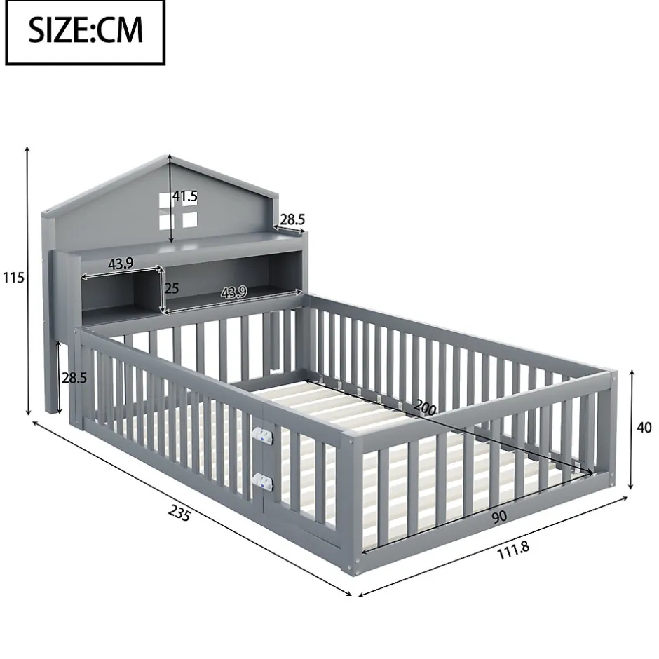 Enfant Okwish Lit enfant 90x200 cm - Lit simple avec rangement et cadre maison en bois massif avec protection contre chute - Sans matelas - Gris