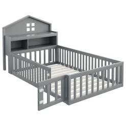 Enfant Okwish Lit enfant 90x200 cm - Lit simple avec rangement et cadre maison en bois massif avec protection contre chute - Sans matelas - Gris