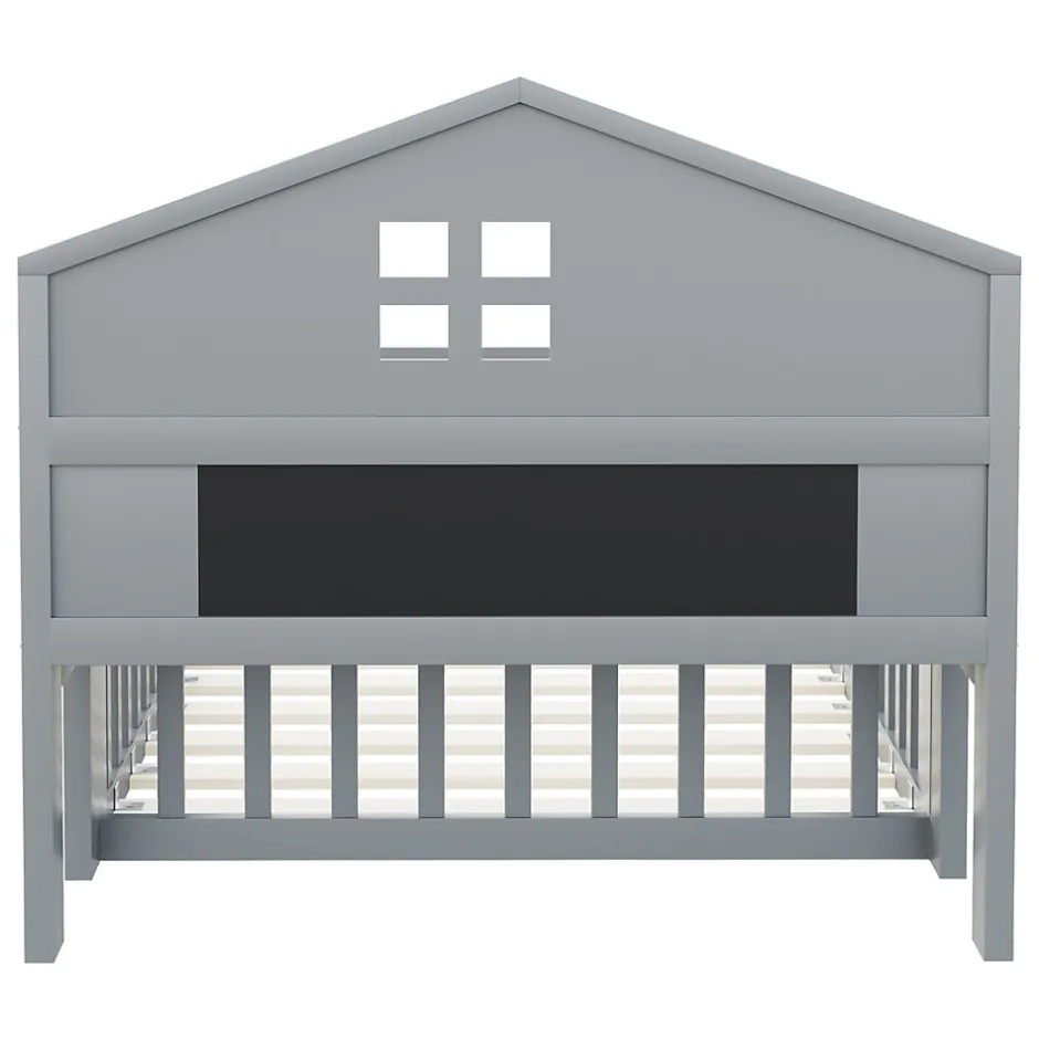 Enfant Okwish Lit enfant 90x200 cm - Lit simple avec rangement et cadre maison en bois massif avec protection contre chute - Sans matelas - Gris