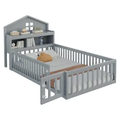 Enfant Okwish Lit enfant 90x200 cm - Lit simple avec rangement et cadre maison en bois massif avec protection contre chute - Sans matelas - Gris