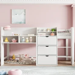 Enfant Okwish Lit enfant 90x200 cm - Lit simple Mi-Hauteur avec Cabane et Multiples Espaces de Rangement Pratiques - Bois Pin MDF - Blanc