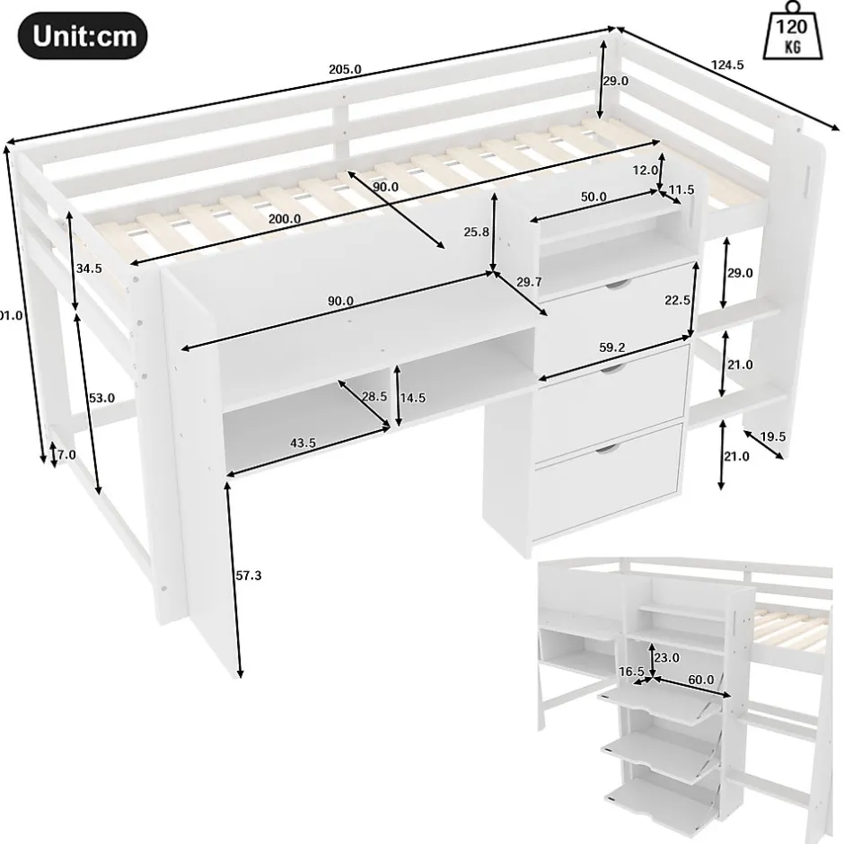 Enfant Okwish Lit enfant 90x200 cm - Lit simple Mi-Hauteur avec Cabane et Multiples Espaces de Rangement Pratiques - Bois Pin MDF - Blanc